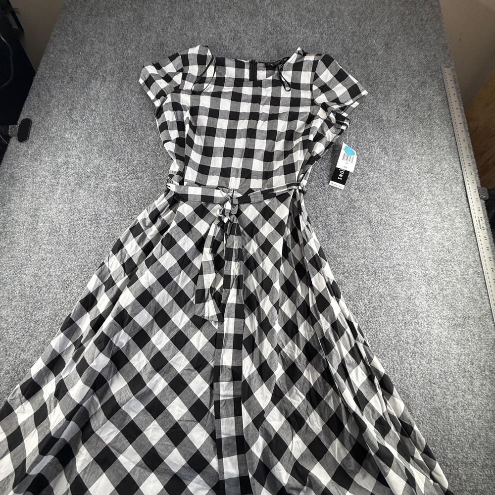 Perceptions New York Womens Buffalo Plaid Midi Dress Tie Waist Black White 16